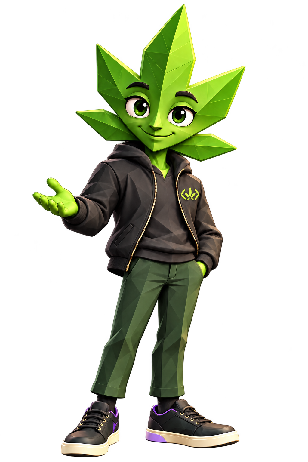 Kush, the smiling green Dank Logic mascot wearing his branded jacket